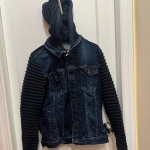Men's Blue Denim Jacket with Black Ribbed Sleeves